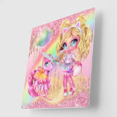 かわいいユニコーン妖精の女の子レインボーグリッターファンタジー スクエア壁時計 (傾斜)