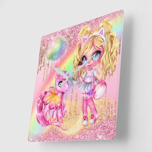 かわいいユニコーン妖精の女の子レインボーグリッターファンタジー スクエア壁時計 (傾斜)