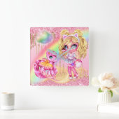 かわいいユニコーン妖精の女の子レインボーグリッターファンタジー スクエア壁時計 (ホーム)