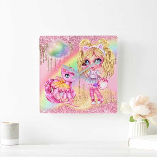 かわいいユニコーン妖精の女の子レインボーグリッターファンタジー スクエア壁時計 (ホーム)
