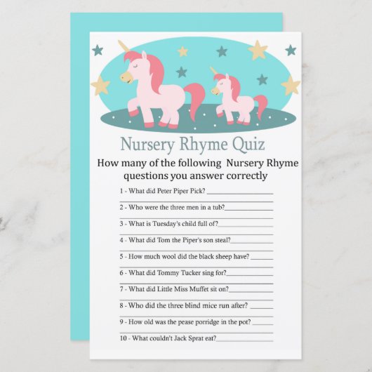 かわいいユニコーン子供部屋韻クイズ赤ちゃんシャワーゲーム (正面/裏面)