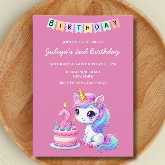 かわいいユニコーン家族の写真ピンク2歳の誕生日パーティー 招待状