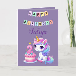 かわいいユニコーン家族の写真紫2nd誕生日カード サンキューカード