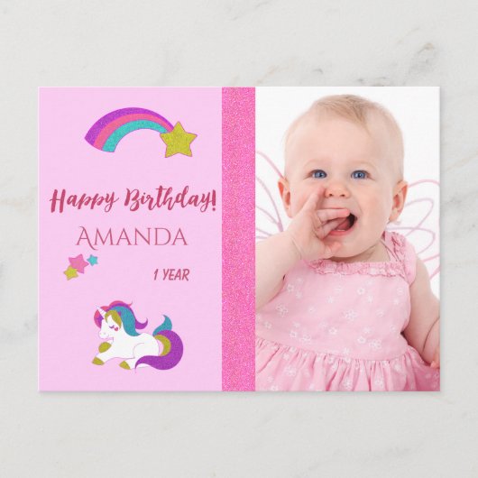 かわいいユニコーン幸せな1歳の誕生日と写真 ポストカード (正面)