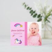 かわいいユニコーン幸せな1歳の誕生日と写真 ポストカード (スタンド正面)