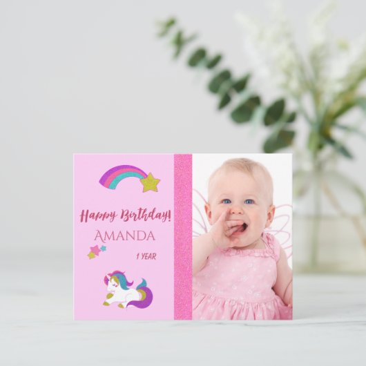 かわいいユニコーン幸せな1歳の誕生日と写真 ポストカード (スタンド正面)