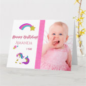 かわいいユニコーン幸せな1st魔法の誕生日と写真 カード (黄色い花)