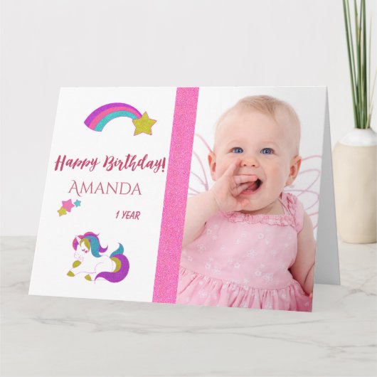 かわいいユニコーン幸せな1st魔法の誕生日と写真 カード (正面)