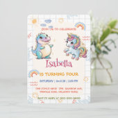 かわいいユニコーン恐竜の虹の花の誕生日子供 招待状 (スタンド正面)