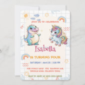 かわいいユニコーン恐竜の虹の花の誕生日子供 招待状 (正面)