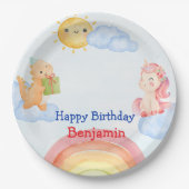 かわいいユニコーン恐竜の虹の誕生日パーティー ペーパープレート (正面)