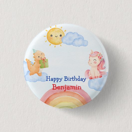 かわいいユニコーン恐竜の虹の誕生日パーティー 缶バッジ (正面)