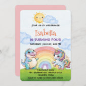 かわいいユニコーン恐竜レインボースカイ誕生日の子供 招待状 (正面/裏面)