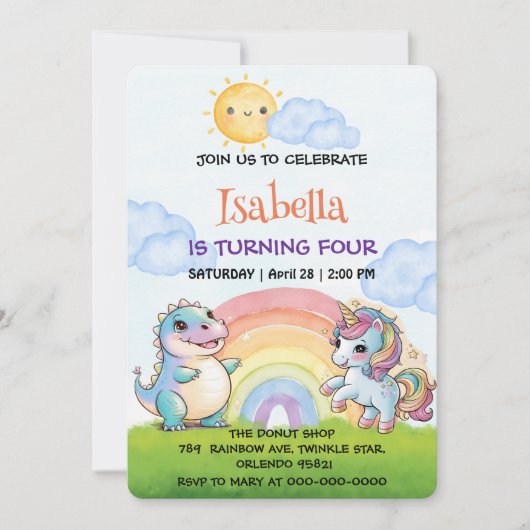 かわいいユニコーン恐竜レインボースカイ誕生日の子供 招待状 (正面)