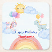 かわいいユニコーン恐竜レインボーバルーン誕生日 スクエアペーパーコースター (正面)