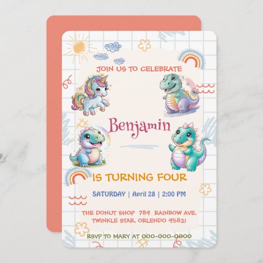 かわいいユニコーン恐竜レインボーフレンズ誕生日パー 招待状 (正面/裏面)