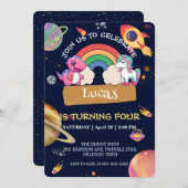 かわいいユニコーン恐竜レインボー宇宙誕生日パーティー 招待状 (正面/裏面)