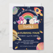 かわいいユニコーン恐竜レインボー宇宙誕生日パーティー 招待状 (正面)