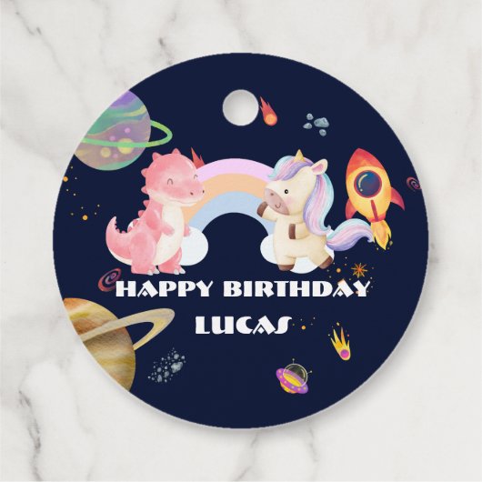 かわいいユニコーン恐竜銀河系ロケット誕生日パーティー フェイバータグ (裏面)