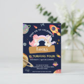 かわいいユニコーン恐竜銀河系ロケット誕生日パーティー ポストカード (スタンド正面)