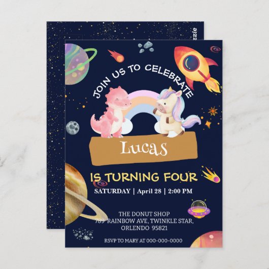 かわいいユニコーン恐竜銀河系ロケット誕生日パーティー ポストカード (正面/裏面)
