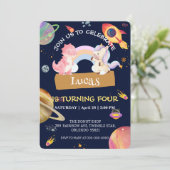 かわいいユニコーン恐竜銀河系ロケット誕生日パーティー 招待状 (スタンド正面)