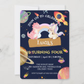 かわいいユニコーン恐竜銀河系ロケット誕生日パーティー 招待状 (正面)