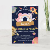 かわいいユニコーン恐竜銀河系ロケット誕生日パーティー 招待状 (正面)