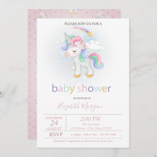 かわいいユニコーン星レインボーベビーシャワー 招待状 (正面/裏面)