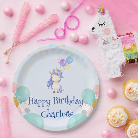 かわいいユニコーン気球の虹の誕生日パーティーキッズ ペーパープレート (パーティー)