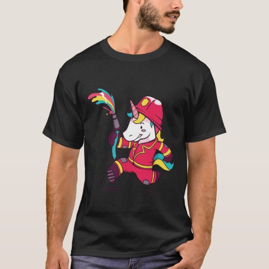 かわいいユニコーン消防士の漫画の虹 Tシャツ (正面)