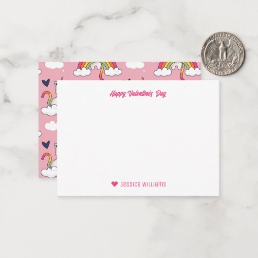 かわいいユニコーン猫の虹色の雲のバレンタインデー ノートカード (正面/裏面インサイチュ)