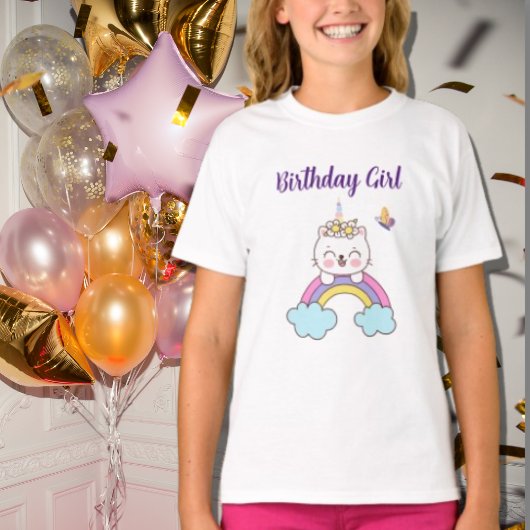 かわいいユニコーン猫の誕生日ガールTシャツ Tシャツ