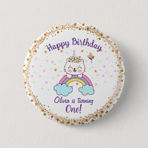 かわいいユニコーン猫レインボースターズ女子1歳の誕生日 缶バッジ