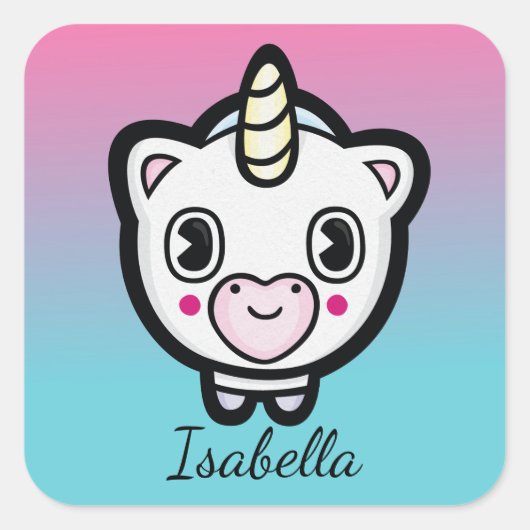 かわいいユニコーン絵文字グラデーション名ステッカー スクエアシール (正面)