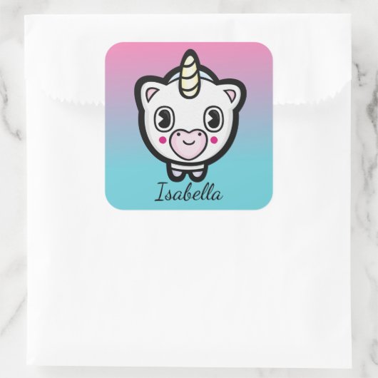 かわいいユニコーン絵文字グラデーション名ステッカー スクエアシール (バッグ)