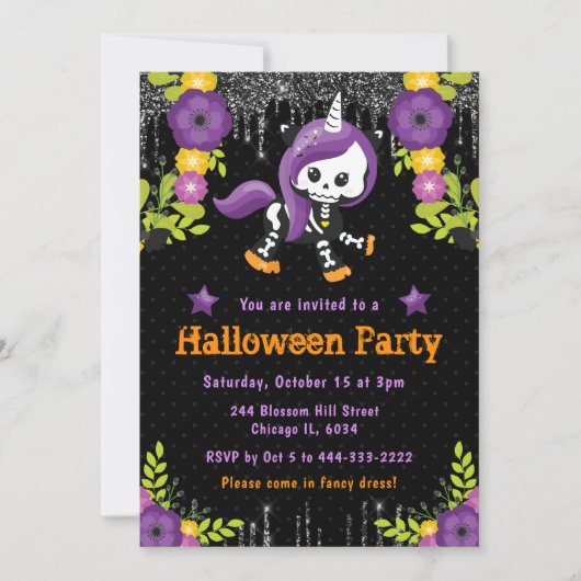 かわいいユニコーン花のハロウィンパーティー 招待状 (正面)