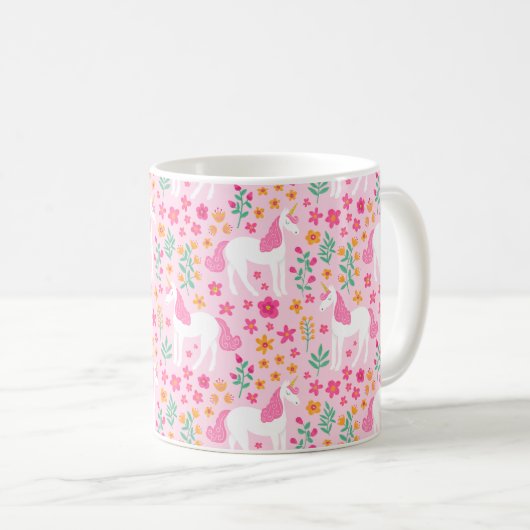かわいいユニコーン花の模様ピンクパーソナライズされたの名前 コーヒーマグカップ (正面右)