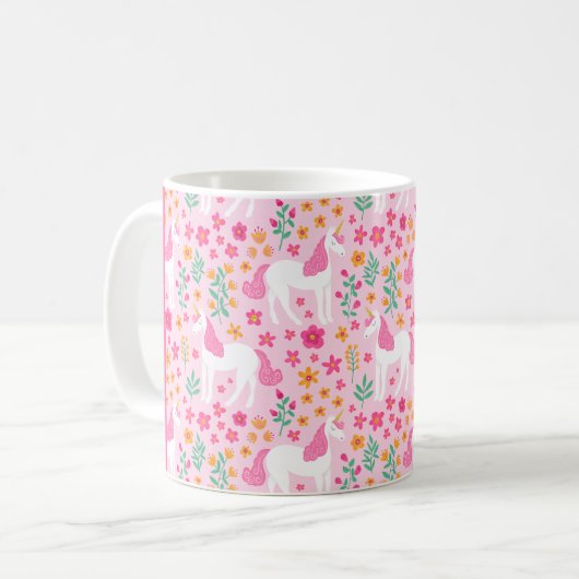 かわいいユニコーン花の模様ピンクパーソナライズされたの名前 コーヒーマグカップ (正面左)