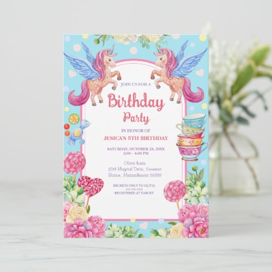 かわいいユニコーン花ウォーターカラー誕生日インビタティ 招待状 (スタンド正面)