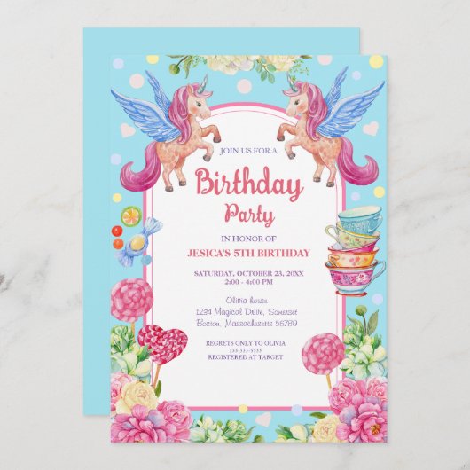かわいいユニコーン花ウォーターカラー誕生日インビタティ 招待状 (正面/裏面)