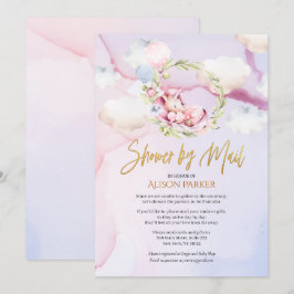 かわいいユニコーン花ピンク空のベビーシャワー（郵送） 招待状