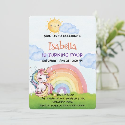 かわいいユニコーン虹の太陽の空の誕生日パーティー 招待状 (スタンド正面)