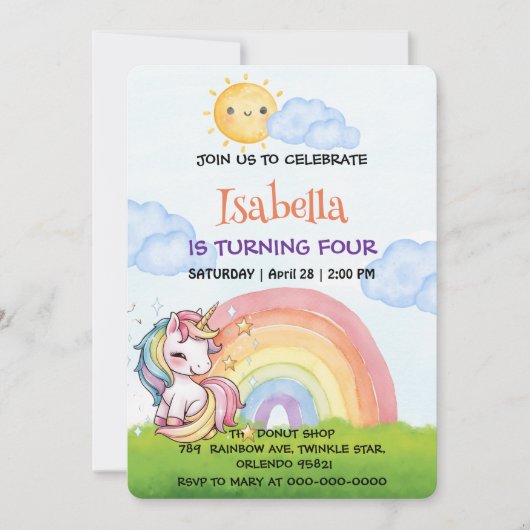 かわいいユニコーン虹の太陽の空の誕生日パーティー 招待状 (正面)