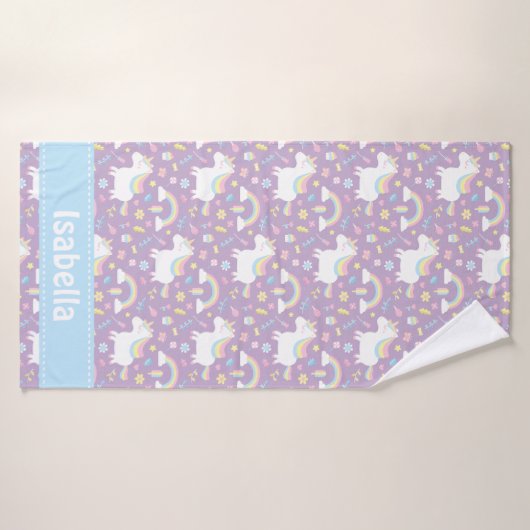 かわいいユニコーン虹の女の子パープルパーソナライズされた バスタオル (バスタオル)