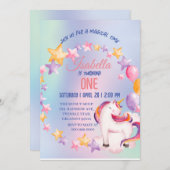 かわいいユニコーン虹の誕生日パーティーキッズ 招待状 (正面/裏面)