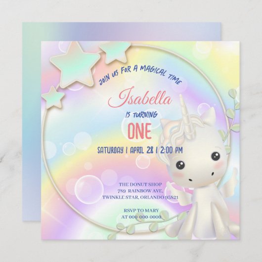 かわいいユニコーン虹の誕生日パーティーキッズ 招待状 (正面/裏面)