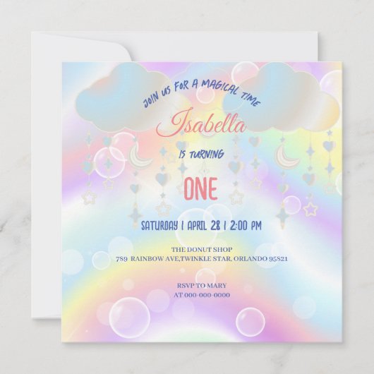 かわいいユニコーン虹の誕生日パーティーキッズ 招待状 (正面)