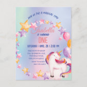 かわいいユニコーン虹の誕生日パーティーキッズ 案内ポストカード (正面)