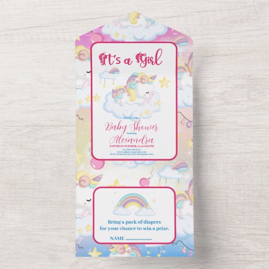 かわいいユニコーン虹の赤ちゃんシャワー オールインワン招待状 (内側)